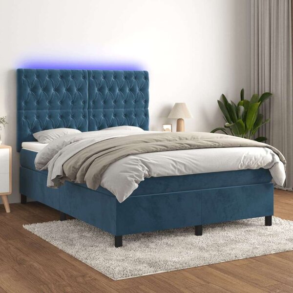 Sötétkék bársony rugós és led-es ágy matraccal 140x200 cm
