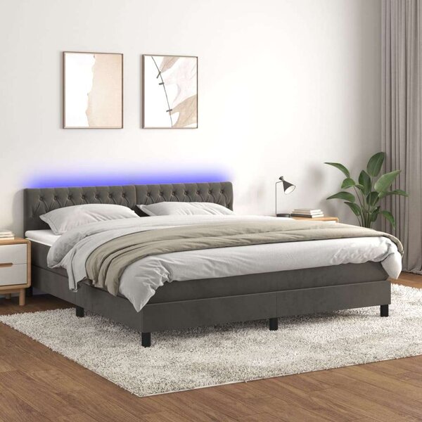 Sötétszürke bársony rugós és led-es ágy matraccal 180x200 cm
