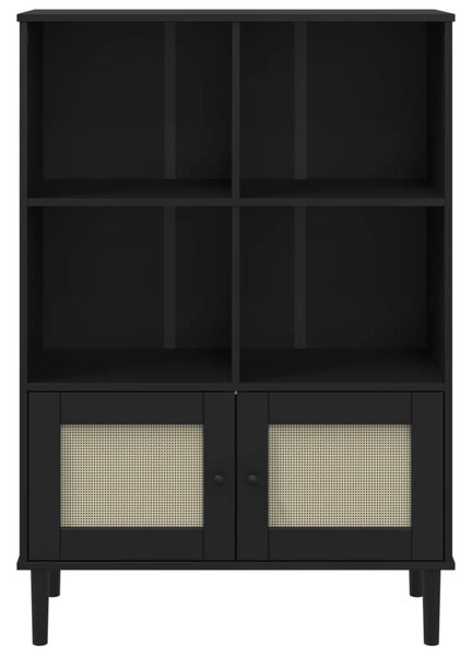 SENJA fekete rattanhatású tömör fenyő könyvszekrény 90x35x130cm