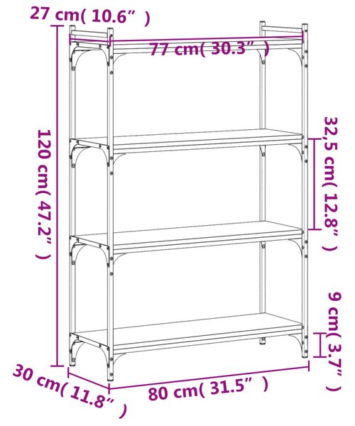 4 szintes fekete szerelt fa könyvespolc 80 x 30 x 120 cm