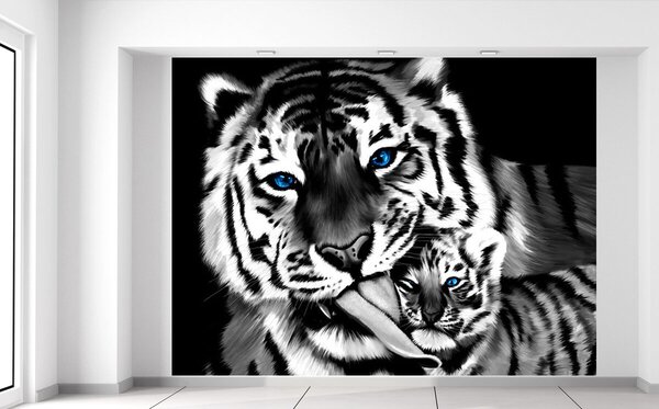 Fotótapéta Feketefehér tigris és kistigris