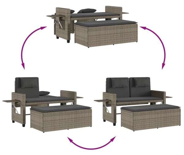 Szürke polyrattan dönthető kerti pad párnával