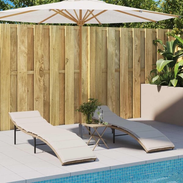 Bézs polyrattan napozóágy párnával 55x199x50 cm