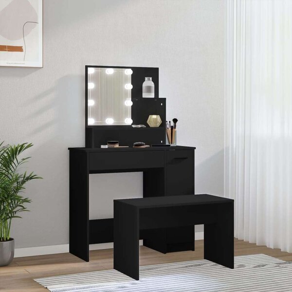 Elegáns Fekete Sminkasztal Szett LED-es Tükörrel