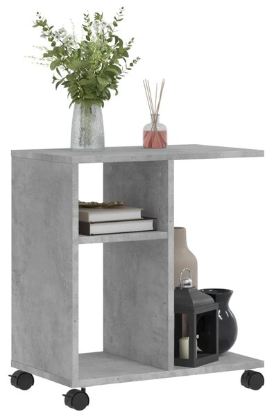 Betonszürke szerelt fa kisasztal kerekekkel 50 x 30 x 55 cm