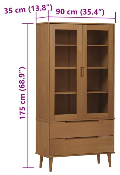 MOLDE barna tömör fenyőfa vitrin szekrény 90 x 35 x 175 cm