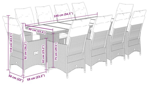 11 részes bézs polyrattan kerti bisztrógarnitúra párnákkal