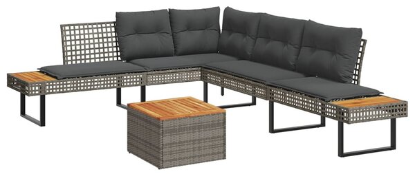 2 részes szürke polyrattan/akácfa kerti kanapészett párnákkal