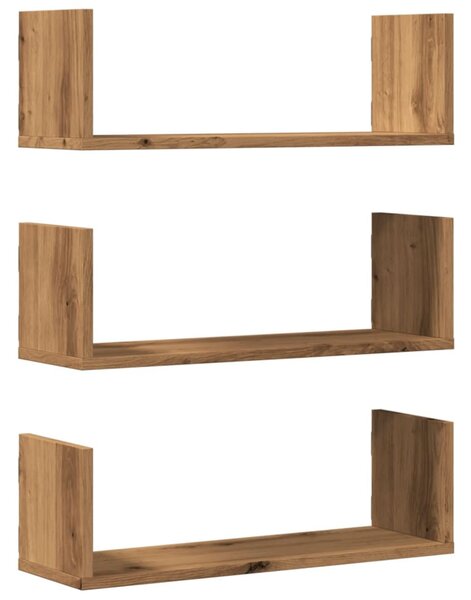 3 db kézműves tölgy színű szerelt fa fali polc 58 x 18 x 18 cm