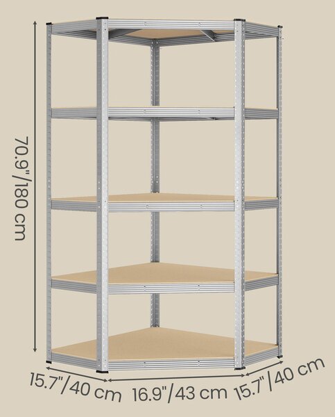 SONGMICS fém sarokpolc, 5 szintes, 875 kg teherbírás, 180 x 90 x 90 cm