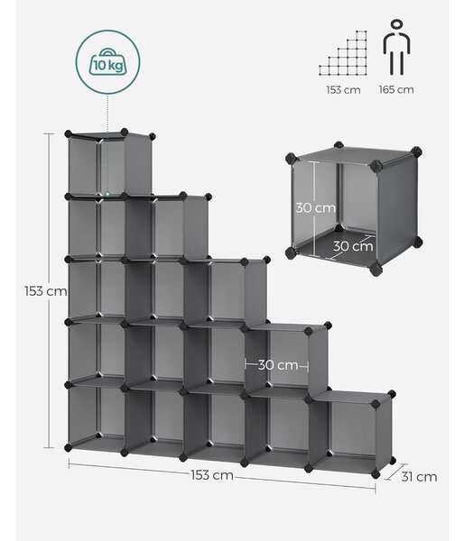 SONGMICS 16 kockás DIY polcrendszer és cipőtároló, szürke