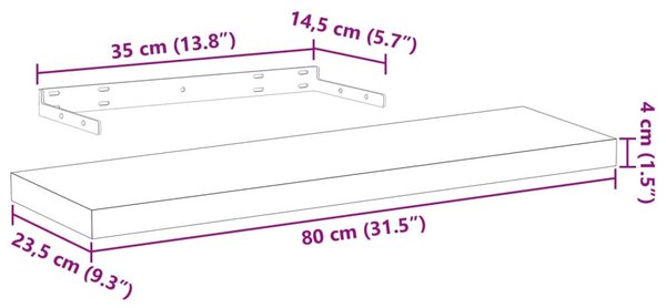 Szerelt fa függőpolc 80 x 23,5 x 4 cm
