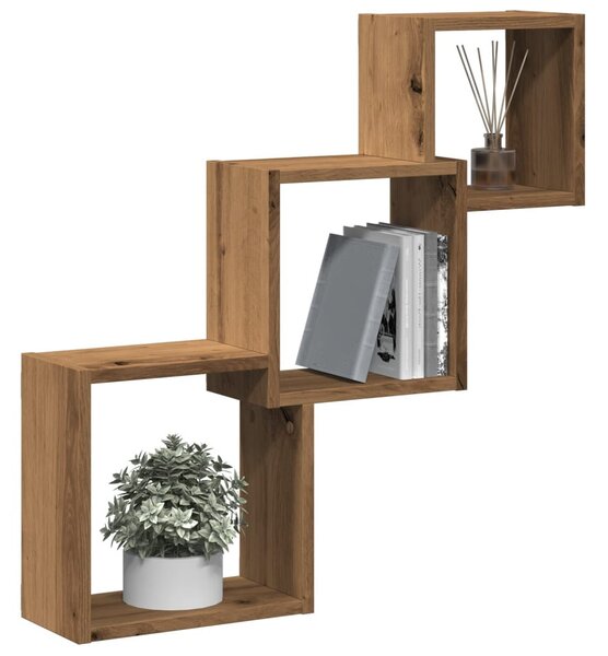 Kézműves tölgy színű szerelt fa fali kocka polcok 68x15x68 cm