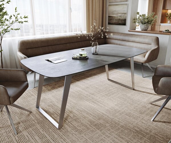 DELIFE Étkezőasztal Edge hajóformájú 200x100 cm kerámia beton szürke rozsdamentes acél ferde