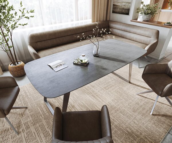 DELIFE Étkezőasztal Edge hajóformájú 200x100 cm kerámia beton szürke rozsdamentes acél ferde