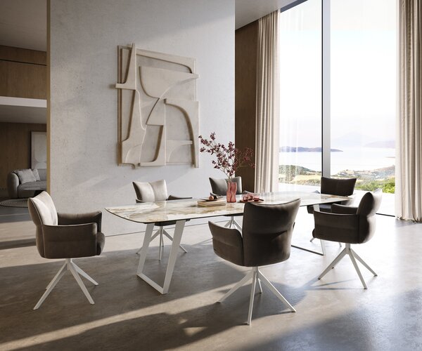 DELIFE Étkezőasztal Edge hajóformájú 300x120 cm kerámia Minas Melange fehér-bézs fém ferde fehér
