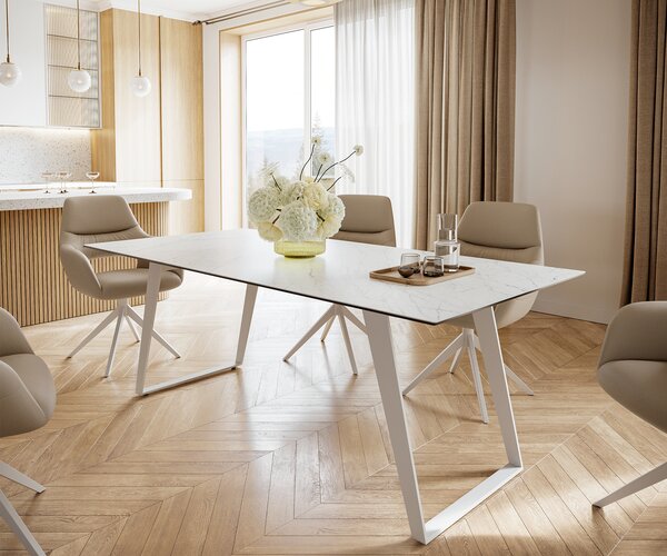 DELIFE Étkezőasztal Edge 200x100 cm Laminam® Statuarietto kerámia fehér fém ferde fehér