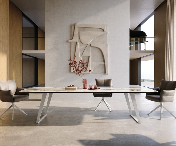 DELIFE Étkezőasztal Edge hajóformájú 300x120 cm kerámia Minas Melange fehér-bézs fém ferde fehér