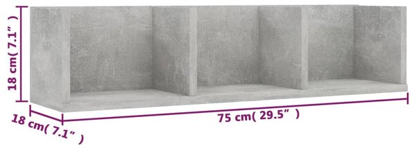 Betonszürke szerelt fa CD-tartó fali polc 75 x 18 x 18 cm