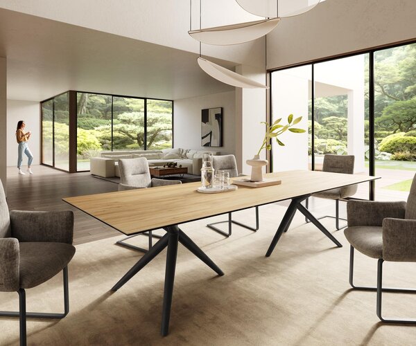 DELIFE Étkezőasztal Edge 300x100 kerámia Laminam® Sabbia tölgyszínű Estelar kerek fém fekete