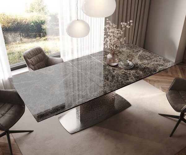 DELIFE Étkezőasztal Edge 180-220x100 kerámia Laminam® Emperador Extra Lucidato sötétbarna Wave rozsdamentes acél kihúzható
