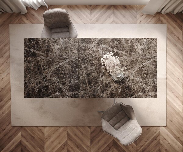 DELIFE Étkezőasztal Edge 180-220x100 kerámia Laminam® Emperador Extra Lucidato sötétbarna Wave rozsdamentes acél kihúzható