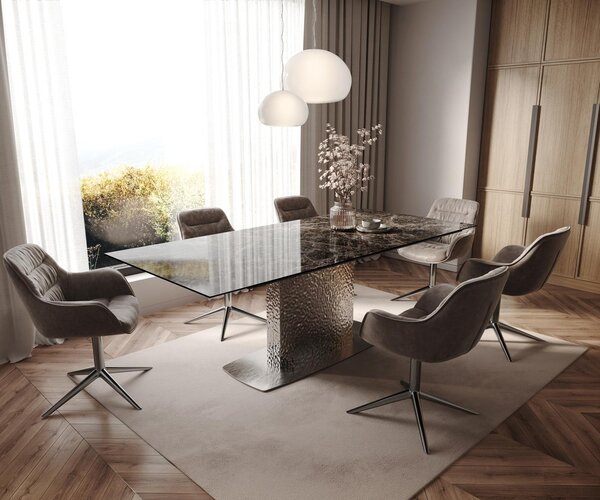 DELIFE Étkezőasztal Edge 180-220x100 kerámia Laminam® Emperador Extra Lucidato sötétbarna Wave rozsdamentes acél kihúzható