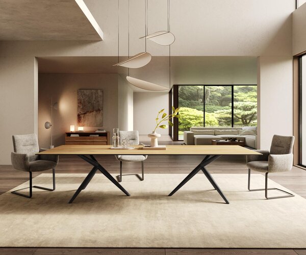 DELIFE Étkezőasztal Edge 300x100 kerámia Laminam® Sabbia tölgyszínű Estelar kerek fém fekete