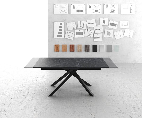 DELIFE Étkezőasztal Edge 180-220x90 cm kerámia Laminam® Nero Greco antracit kereszt láb téglalap fekete kihúzható