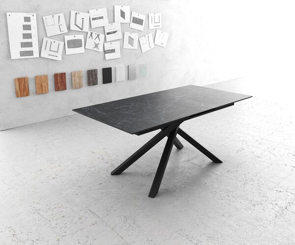 DELIFE Étkezőasztal Edge 180-220x90 cm kerámia Laminam® Nero Greco antracit kereszt láb téglalap fekete kihúzható