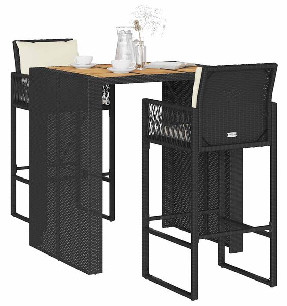 3 részes fekete polyrattan akácfa kerti bárszett párnával