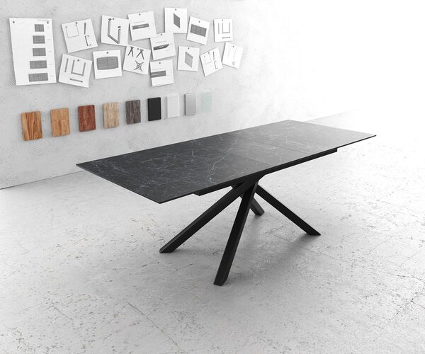 DELIFE Étkezőasztal Edge 180-220x90 cm kerámia Laminam® Nero Greco antracit kereszt láb téglalap fekete kihúzható