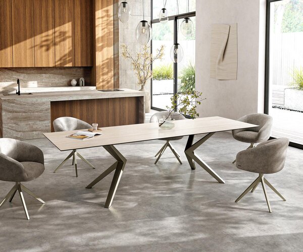 DELIFE Étkezőasztal Edge 300x100 kerámia Laminam® Travertino Bianco krémfehér Zenthara szögletes fém titán színű effektfinish