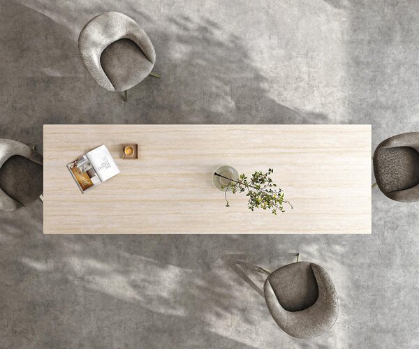 DELIFE Étkezőasztal Edge 200-300x100 cm kerámia Laminam® Travertino Bianco krémfehér W alakú láb titán színű effekt finish kihúzható