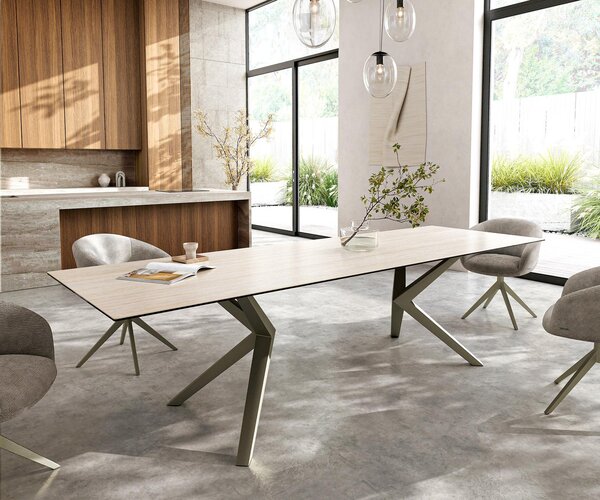 DELIFE Étkezőasztal Edge 300x100 kerámia Laminam® Travertino Bianco krémfehér Zenthara szögletes fém titán színű effektfinish
