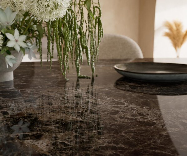 DELIFE Étkezőasztal Edge ovális 220x120 kerámia Laminam® Emperador Extra Lucidato sötétbarna Troa fém titán színű hatás