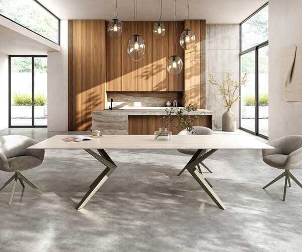 DELIFE Étkezőasztal Edge 300x100 kerámia Laminam® Travertino Bianco krémfehér Zenthara szögletes fém titán színű effektfinish