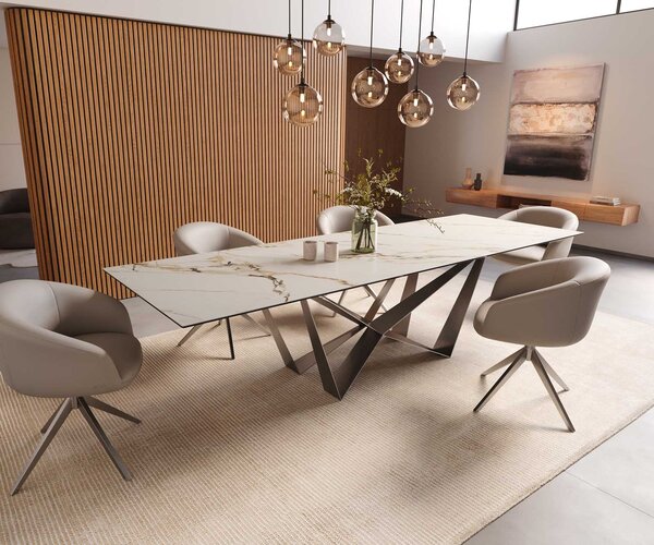 DELIFE Étkezőasztal Edge 300x100 kerámia Calacatta Luxe fehér arany szürke Spider laposacél rozsdamentes acél