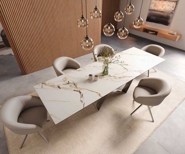 DELIFE Étkezőasztal Edge 300x100 kerámia Calacatta Luxe fehér arany szürke Spider laposacél rozsdamentes acél
