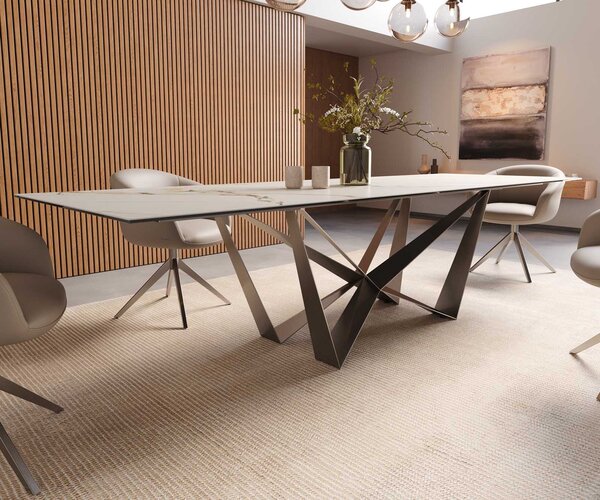 DELIFE Étkezőasztal Edge 300x100 kerámia Calacatta Luxe fehér arany szürke Spider laposacél rozsdamentes acél
