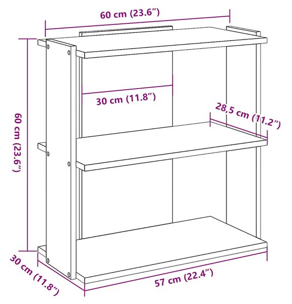 3 szintes fekete szerelt fa könyvespolc 60x30x60 cm