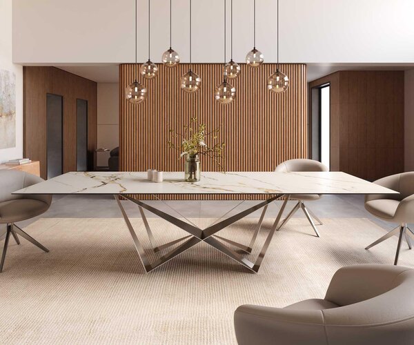 DELIFE Étkezőasztal Edge 300x100 kerámia Calacatta Luxe fehér arany szürke Spider laposacél rozsdamentes acél