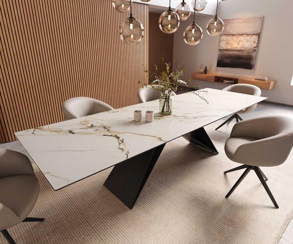 DELIFE Étkezőasztal Edge 300x100 kerámia Calacatta Luxe fehér arany szürke V alakú láb laposacél fekete