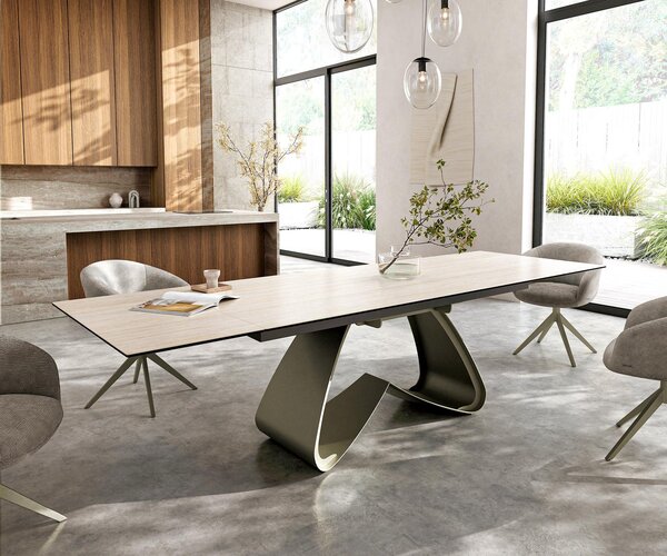 DELIFE Étkezőasztal Edge 200-300x100 cm kerámia Laminam® Travertino Bianco krémfehér W alakú láb titán színű effekt finish kihúzható