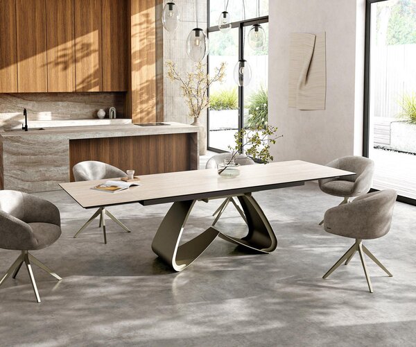 DELIFE Étkezőasztal Edge 200-300x100 cm kerámia Laminam® Travertino Bianco krémfehér W alakú láb titán színű effekt finish kihúzható