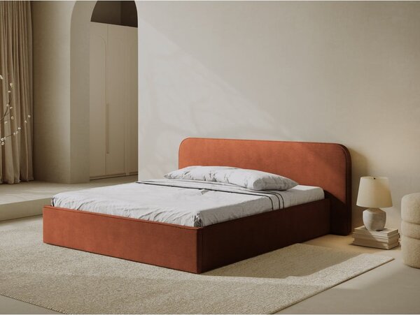 Téglavörös kárpitozott ágyneműtartós franciaágy ágyráccsal 200x200 cm Elizabeth – Micadoni