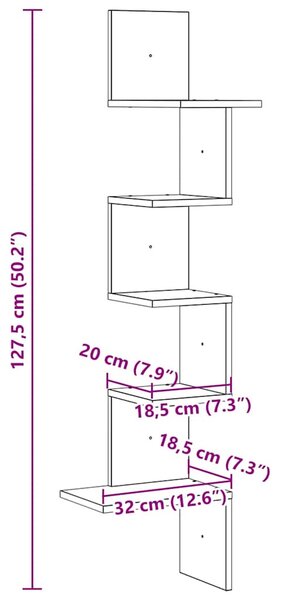 Fekete forgácslap fali sarokpolc 32x32x127,5 cm