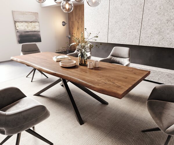 DELIFE Étkezőasztal Edge 260x100 XL akác barna kereszt láb téglalap fekete Live-Edge