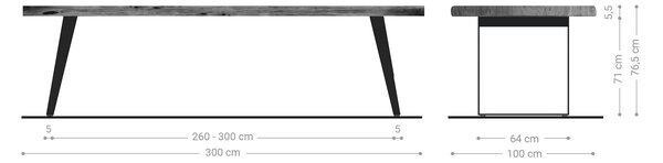 DELIFE Étkezőasztal Edge 300x100 cm XL akác barna rozsdamentes acél ezüst ferde Live-Edge