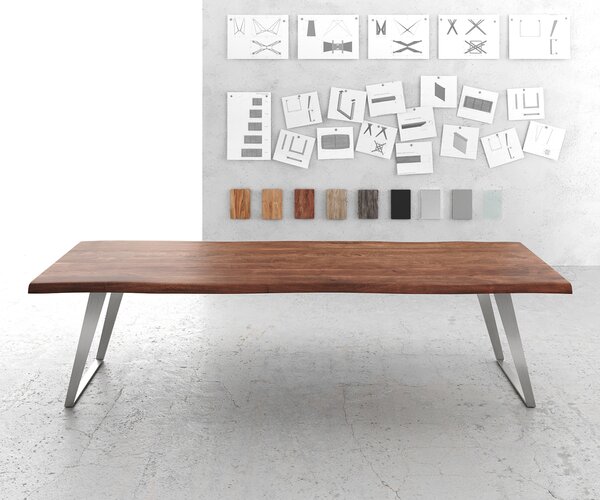 DELIFE Étkezőasztal Edge 300x100 cm XL akác barna rozsdamentes acél ezüst ferde Live-Edge